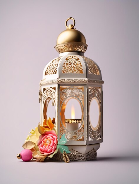 A white Ramadan lantern with a flower surrounded it