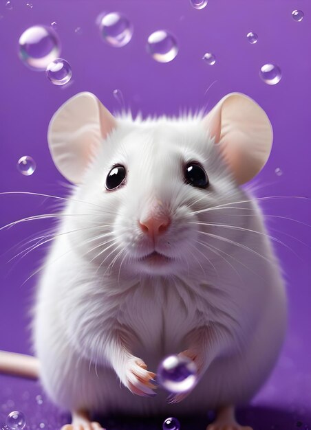 a white rat with a pink nose and nose sits on a purple background