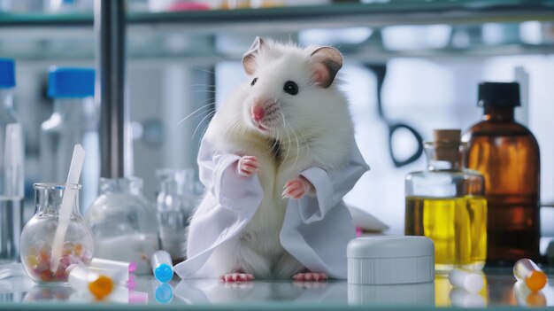 White rats in the laboratory wearing lab coat