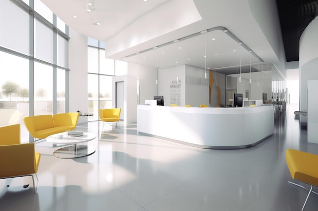 A white reception area with yellow chairs and a white reception desk.