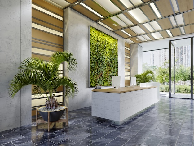 White reception desk in an office building with a green wall and illuminated wood paneling