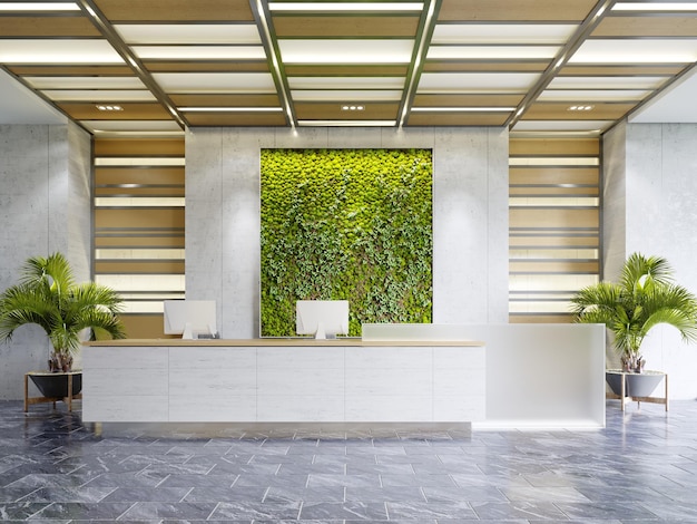 White reception desk in an office building with a green wall and illuminated wood paneling