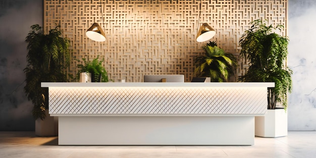 A white reception desk with green plants on top