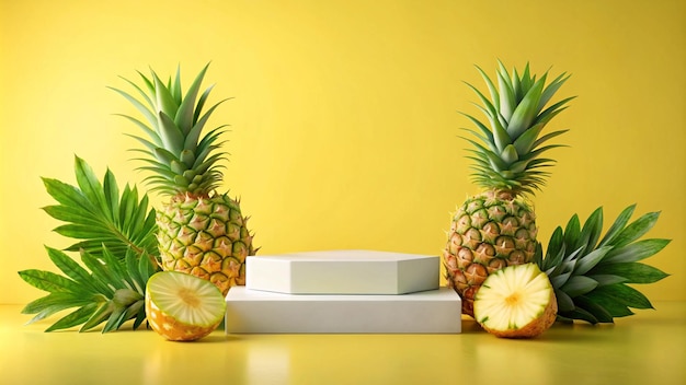 Photo a white rectangle empty podium surrounded by fresh pineapple ananas comosus slices and green leaves on yellow background empty space for cosmetic of pineapple extract