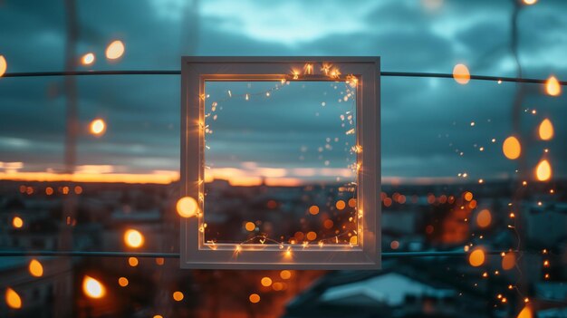 White rectangular frame decorated with fairy lights