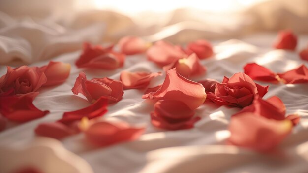 White rectangular sheet with scattered rose petals around