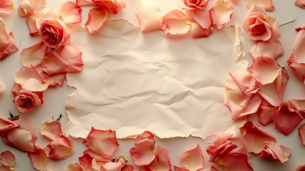 White rectangular sheet with scattered rose petals around