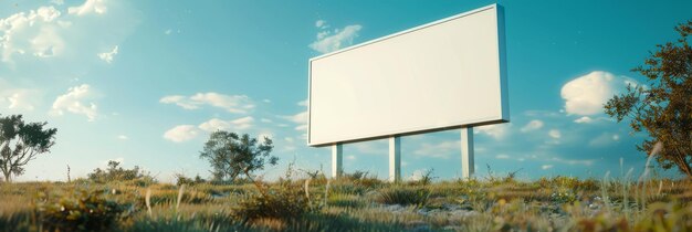 White rectangular signboard on a grassy roadside blank for advertisement placement clear blue sky background