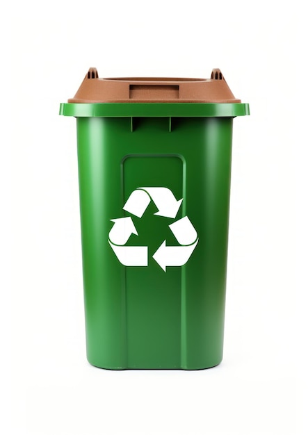 White recycling sign on tall green container with brown lid on white background