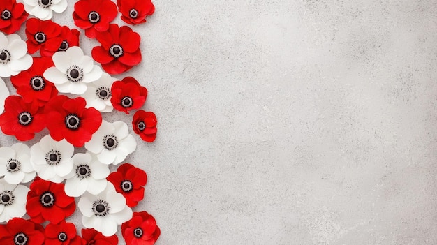 White and Red Anemone Flowers on Grey Concrete Background