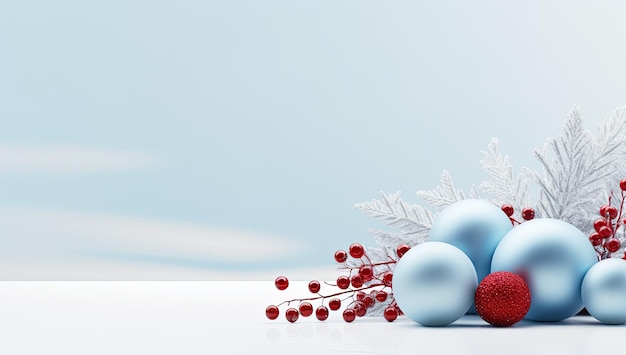 White and red Christmas decorations lie on a white floor on a light abstract background Interior composition