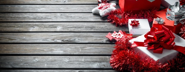 White and red Christmas gift boxes with decorations