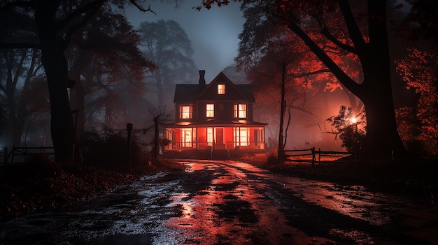 White and Red House Surrounded by Trees at Night