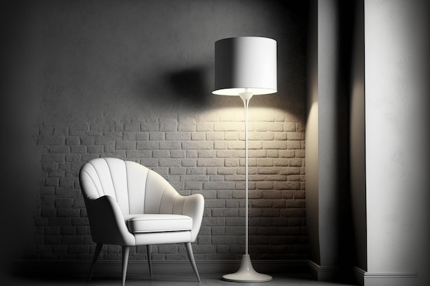 White regale with interior accents a standing lamp and a contemporary chair in a room with a brick wall design