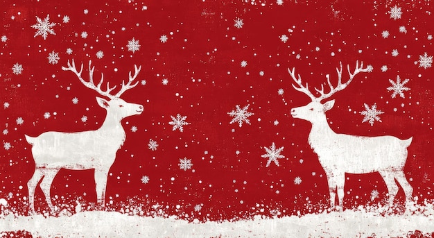 White reindeer walking through falling snowflakes on a festive red background during winter season