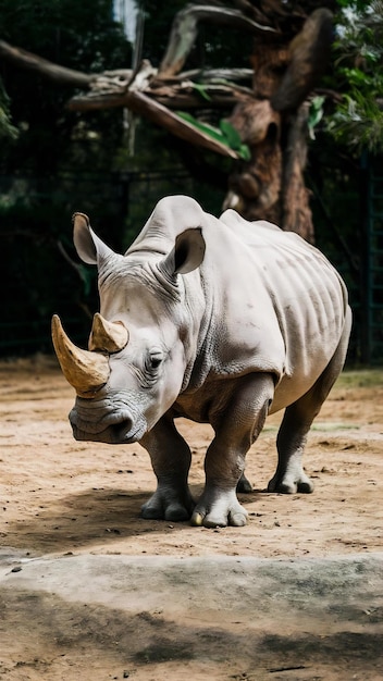 White rhinoceros in the beautiful nature looking habitat wild animals in captivity prehistoric and