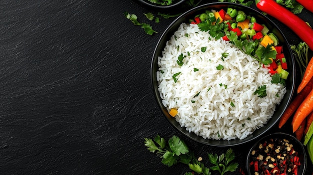 Photo white rice with vegetables and chili peppers on black background