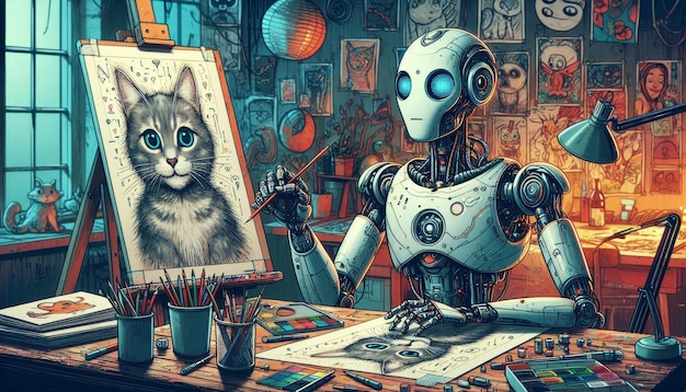 A white robot artist sits in a studio filled with artwork painting a cat portrait on a canvas The