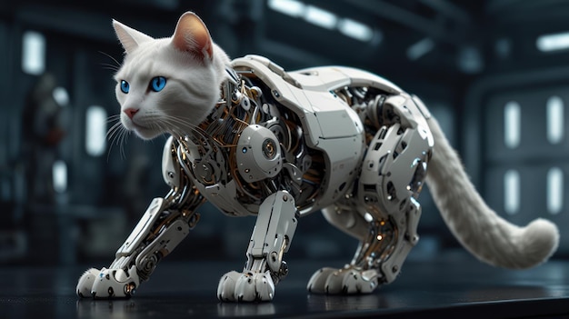 Photo a white robot cat with blue eyes