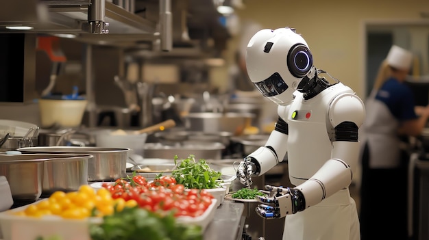 A white robot chef is preparing food in a kitchen It is adding fresh greens to a plate of tomatoes