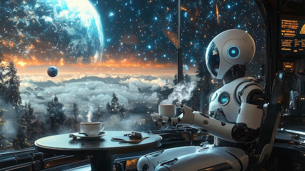 Photo white robot enjoying a cup of coffee in a futuristic space cafe with a view of earth