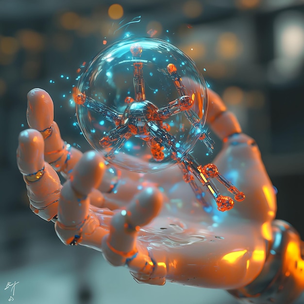 Photo white robot hand holding glowing atom model in glass sphere