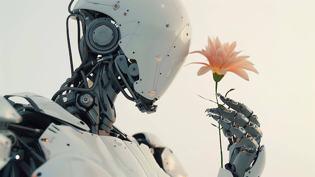 Photo a white robot holding a pink flower