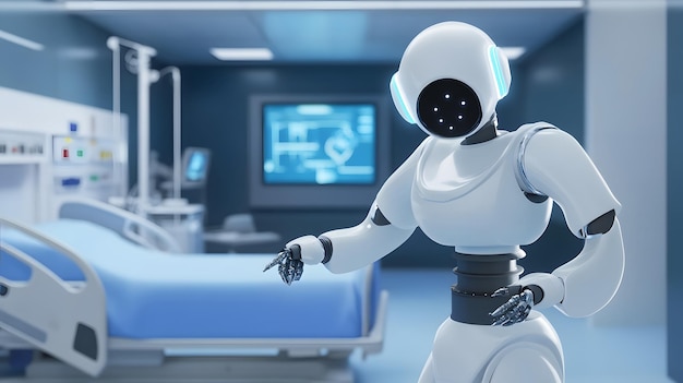 Photo white robot in a hospital room pointing towards a bed