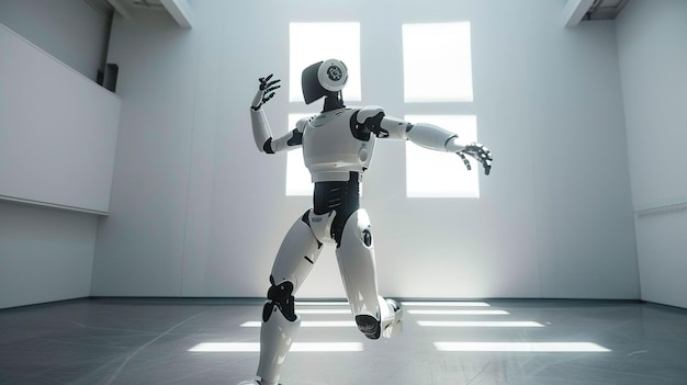 Photo the white robot is dancing in the room uhd wallpaper