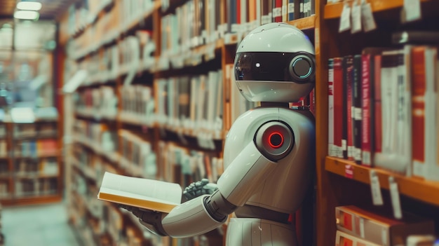 Photo a white robot reads a book in a library