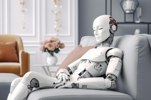 White robot resting on the couch