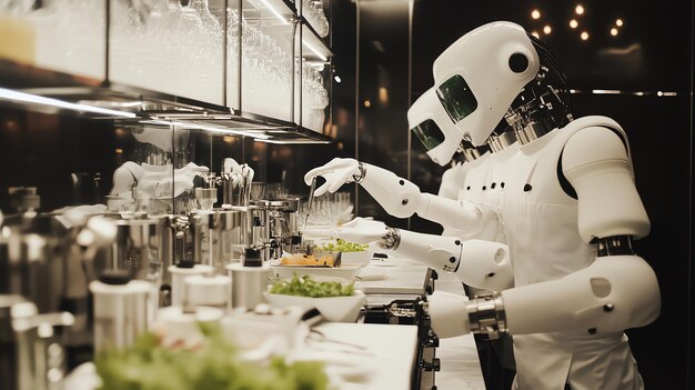 A white robot serves food at a buffet in a modern sleek setting