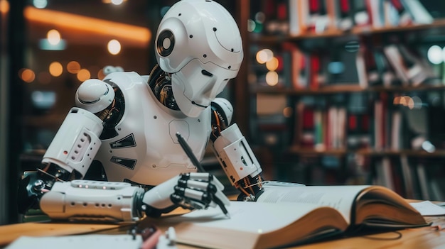 Photo a white robot sits at a desk and writes in a large open book the robot is surrounded by bookshelves filled with books generative ai