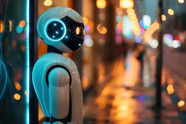 A white robot stands beside a storefront its blue lights reflecting the city39s bustling atmosphere