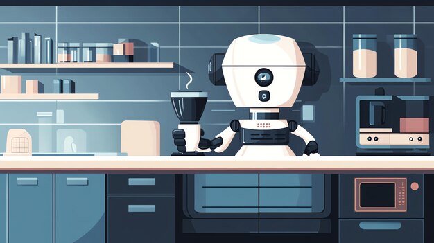 Photo a white robot stands in a kitchen with a steaming cup of coffee