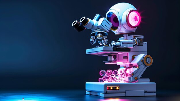 Photo white robot using a microscope