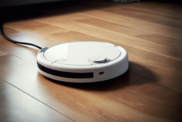 White robot vacuum cleaner for the smart home idea sweeping the floor in the living room