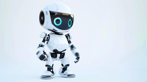 a white robot with blue eyes and a blue eye