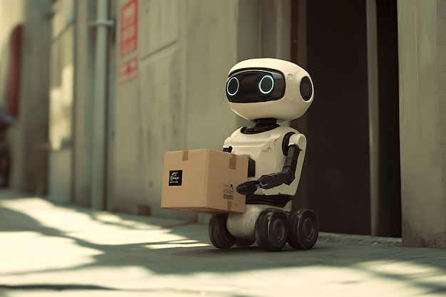 Photo white robot with blue eyes holds a cardboard box in a city alley