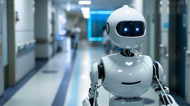 a white robot with blue eyes sits in a hospital corridor