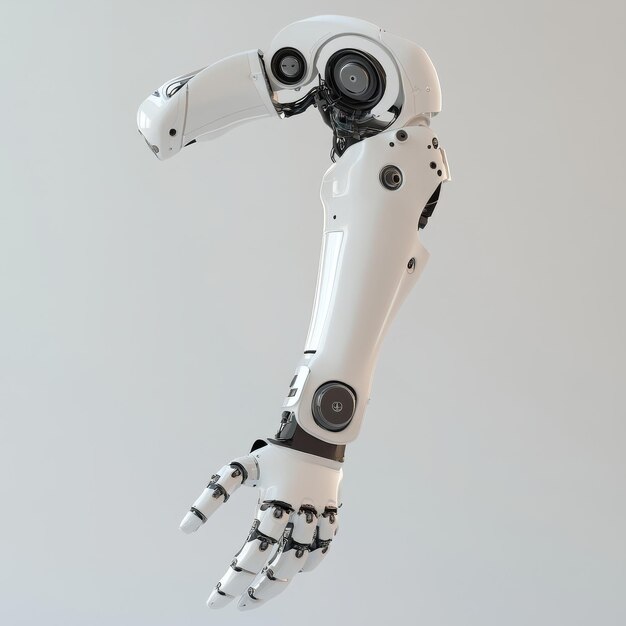 a white robotic arm with a black and white hand that says  the word  on the bottom