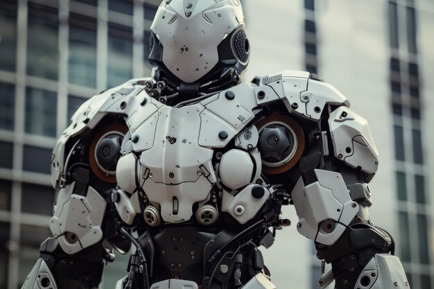 White Robotic Exosuit Standing in Front of Modern Building