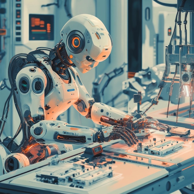 Photo a white robotic worker is operating an industrial machine