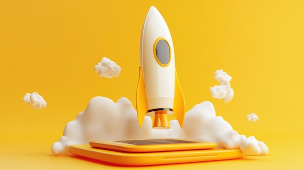 Photo a white rocket is flying through the sky above a yellow background