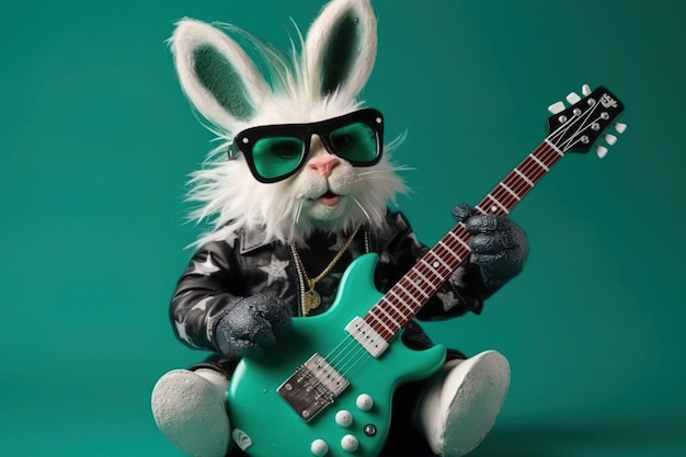 White rocking rabbit with leather jacket and sunglasses sitting on the floor playing his green electric guitar Instudio on a green background