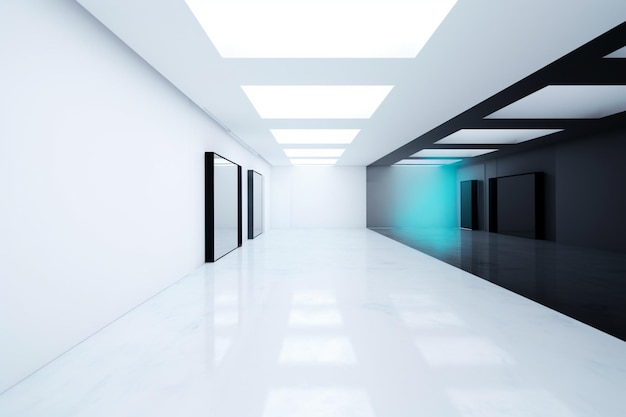 A white room with a blue light on the ceiling