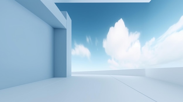 A white room with a blue sky and clouds