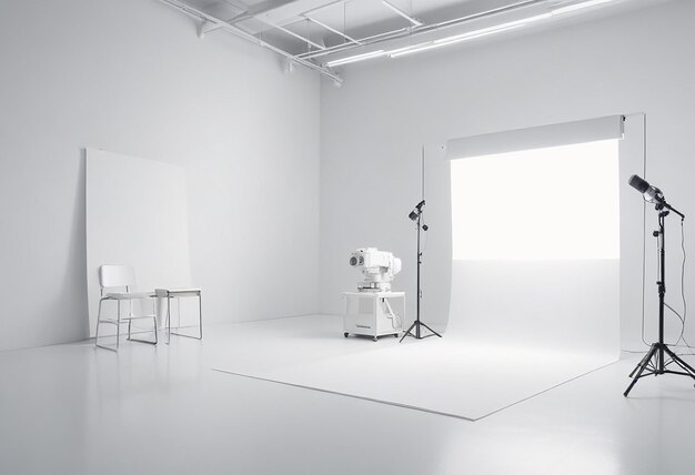 Photo a white room with a camera and a white backdrop