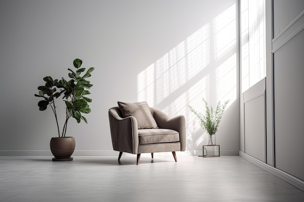 A white room with a chair and a plant in it.