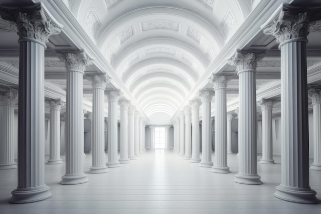 A white room with columns and a ceiling that says " the word " on it.